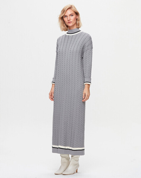 T25K-4018 Saç Örgülü Triko Elbise VİALE-GREY - 1