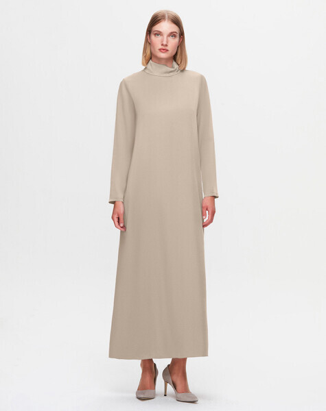 T25K-4019 Broş Detaylı Cupro Uzun Elbise BEİGE - 1