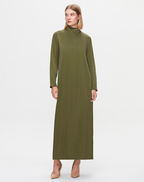 T25K-4019 Broş Detaylı Cupro Uzun Elbise GREEN - MISS DALIDA