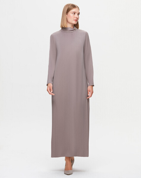 T25K-4019 Broş Detaylı Cupro Uzun Elbise MİNK - 2