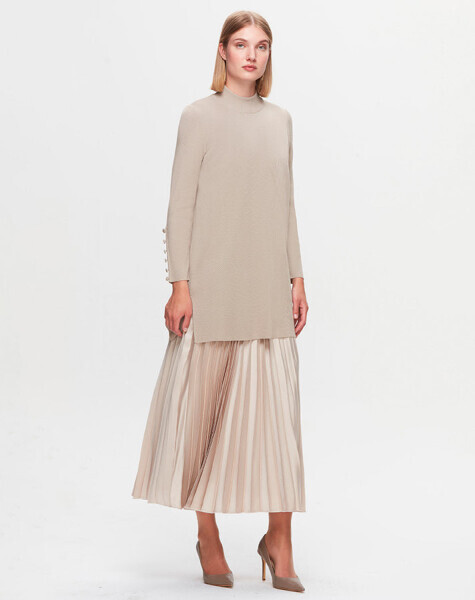 T25K-6001 Uzun Kollu Basic Triko Tunik 8YR71-STONE - MISS DALIDA