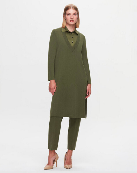 T25K-6002 V Yaka Gömlek Efektli Triko Tunik FARAD-GREEN - 1