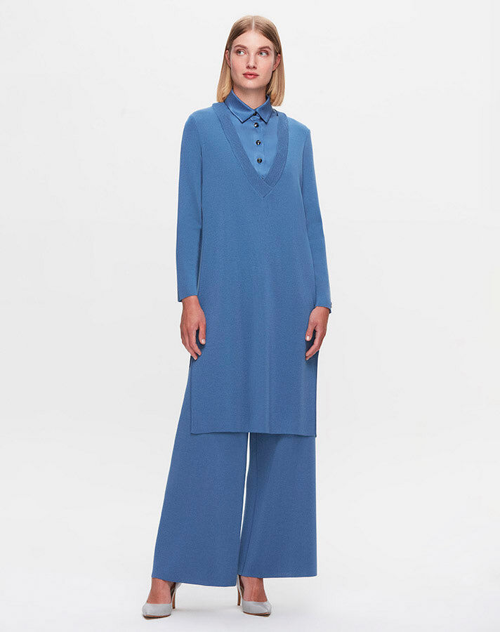 T25K-6002 V Yaka Gömlek Efektli Triko Tunik - 1