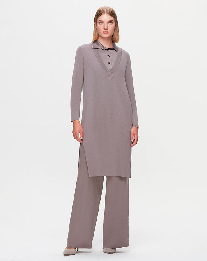 T25K-6002 V Yaka Gömlek Efektli Triko Tunik - 7