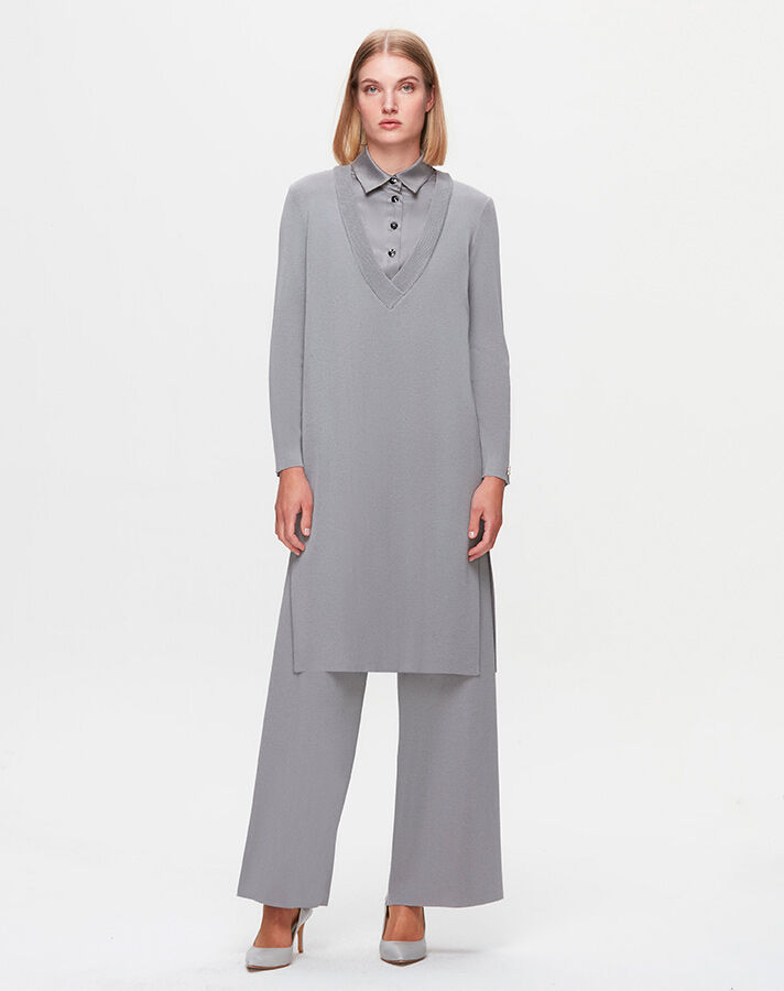 T25K-6002 V Yaka Gömlek Efektli Triko Tunik - 11