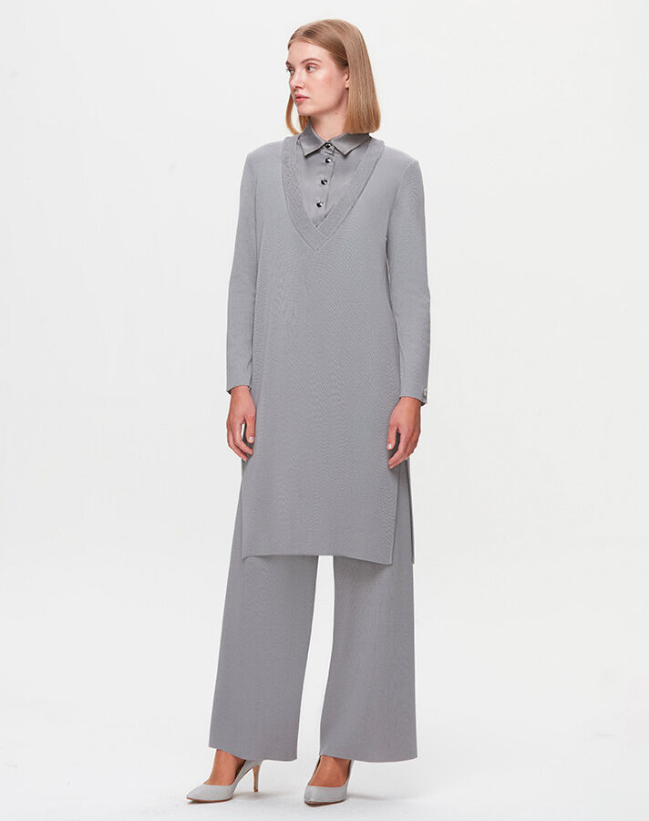 T25K-6002 V Yaka Gömlek Efektli Triko Tunik - 12