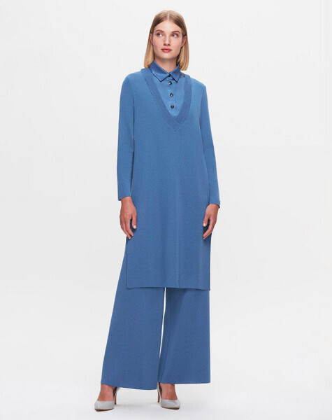 T25K-6002 V Yaka Gömlek Efektli Triko Tunik PB15E-DARK BLUE 