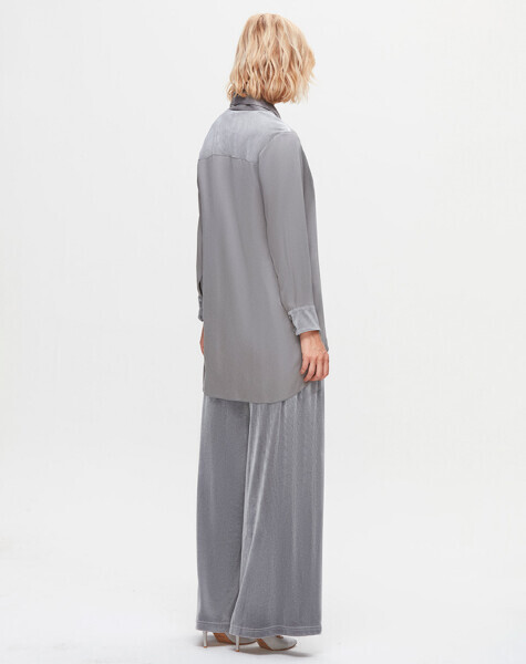 T25K-6005 Yakası Bağlama Detaylı Kadife Tunik GREY - 3