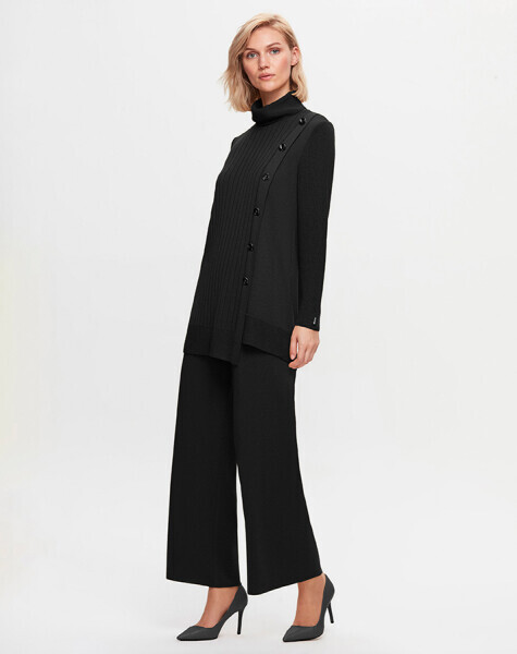 T25K-6014 Kalın Fitilli Dik Yaka Triko Tunik BLACK - 1
