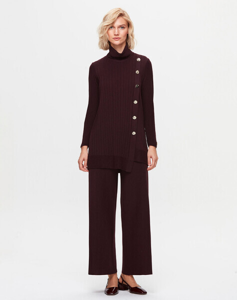 T25K-6014 Kalın Fitilli Dik Yaka Triko Siyah Tunik - 1