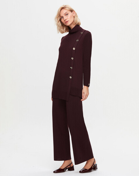 T25K-6014 Kalın Fitilli Dik Yaka Triko Siyah Tunik - 2