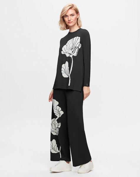 T25K-6015 Çiçek Desenli Örgü Teknikli Tunik BLACK - 1