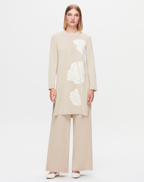 T25K-6015 Çiçek Desenli Örgü Teknikli Tunik YY216-BEİGE 