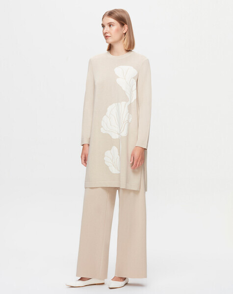 T25K-6015 Çiçek Desenli Örgü Teknikli Tunik YY216-BEİGE - 2