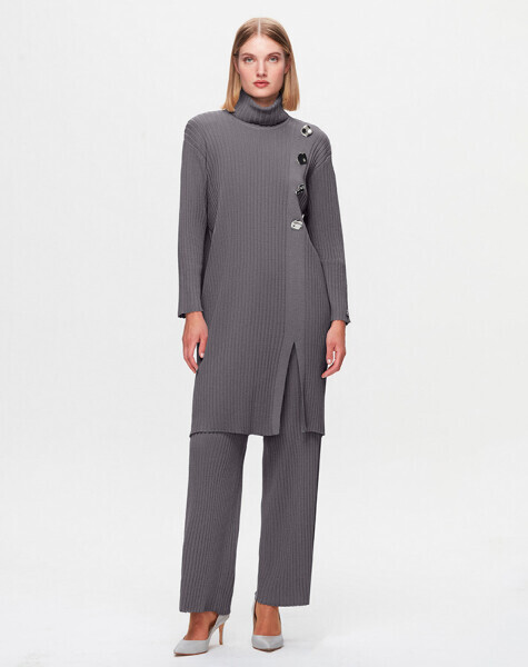 T25K-6019 Kalın Fitilli Renkli Düğmeli Triko Tunik SCURE-MİNK 