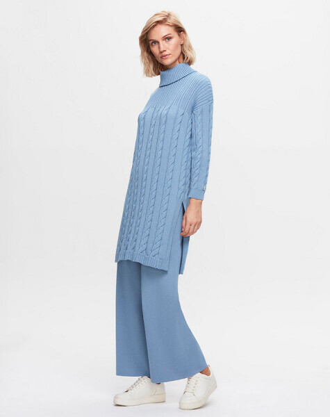 T25K-6021 Saç Örgü Dik Yaka Triko Tunik PB13E-BLUE 