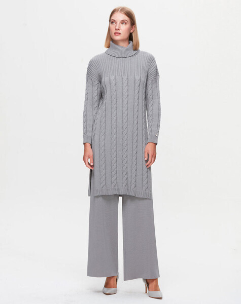 T25K-6021 Saç Örgü Dik Yaka Triko Tunik VİALE-GREY - 1