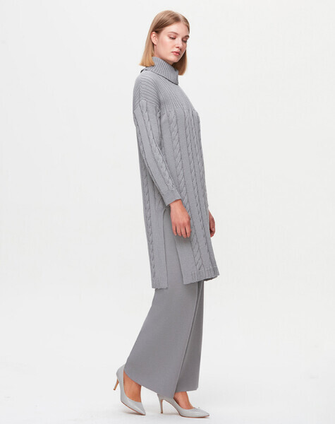 T25K-6021 Saç Örgü Dik Yaka Triko Tunik VİALE-GREY - 2