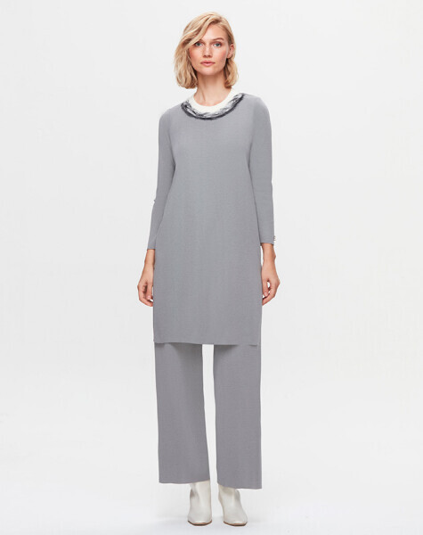T25K-6022 Yakası Keçe Detaylı Uzun Triko Tunik VİALE-GREY 
