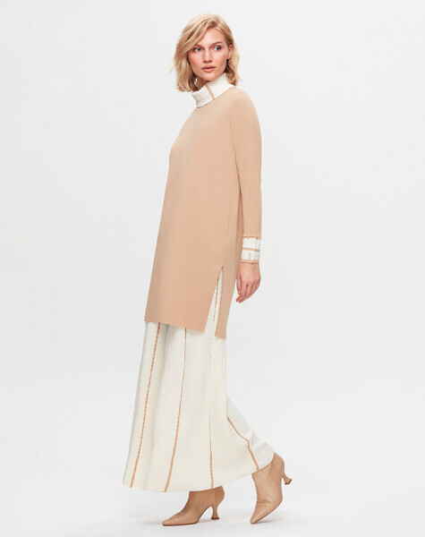 T25K-6025 Yakası ve Bileği Örgü Teknikli Uzun Tunik DIDO-BEİGE - 1