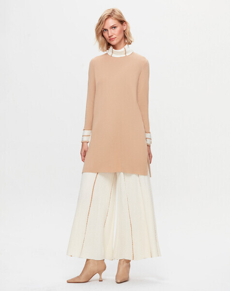 T25K-6025 Yakası ve Bileği Örgü Teknikli Uzun Tunik DIDO-BEİGE - 2