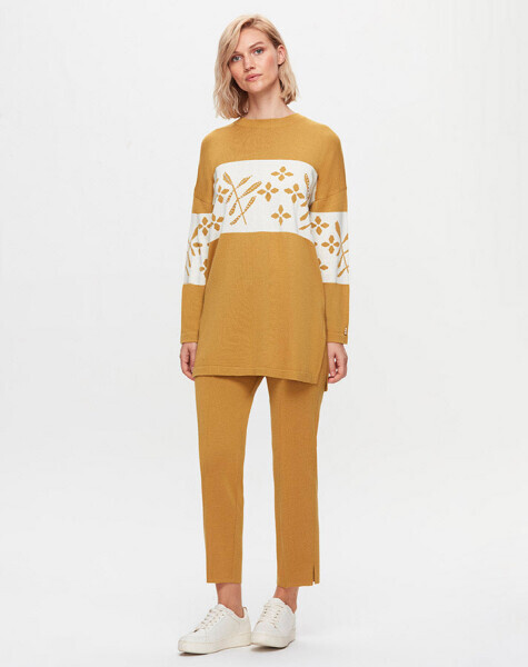T25K-6028 Önü Çiçek ve Taş Detaylı Triko Tunik DOTE-MUSTARD - 1