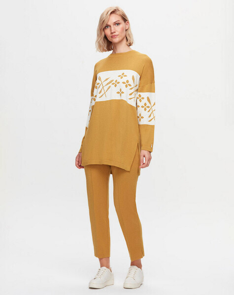 T25K-6028 Önü Çiçek ve Taş Detaylı Triko Tunik DOTE-MUSTARD - 2