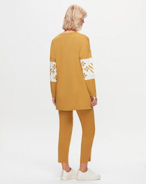 T25K-6028 Önü Çiçek ve Taş Detaylı Triko Tunik DOTE-MUSTARD - 3