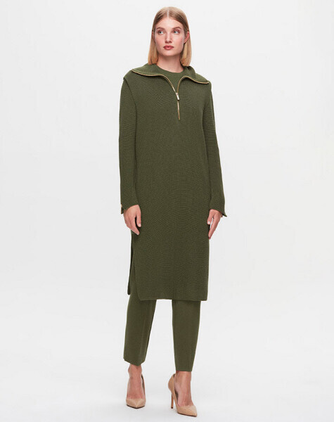 T25K-6030 Yakası Fermuarlı Kolsuz Yeşil Tunik - 1