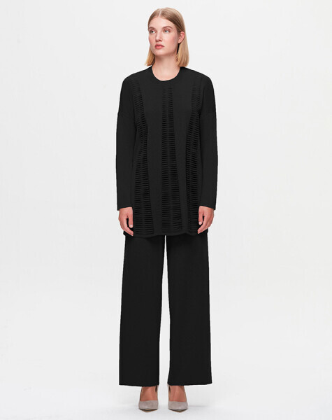 T25K-6037 Örgü Teknikli Düz Renk Tunik BLACK - MISS DALIDA