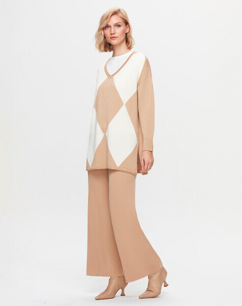 T25K-6039 Baklava Desenli Selanik Tunik DIDO-BEİGE 