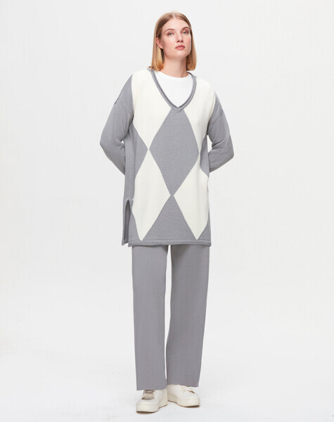 T25K-6039 Baklava Desenli Selanik Tunik VİALE-GREY - 2