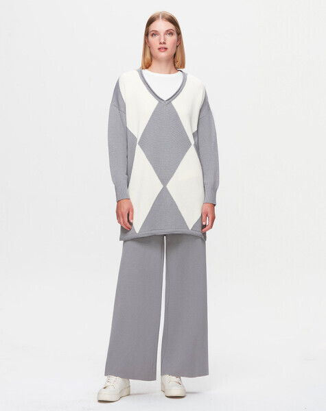 T25K-6039 Baklava Desenli Selanik Tunik VİALE-GREY 