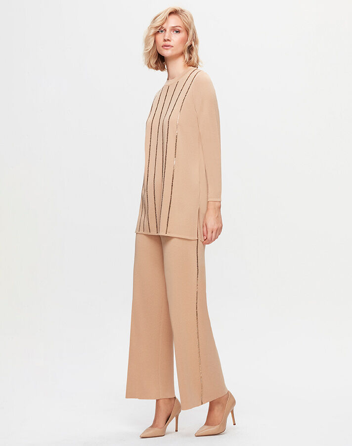 T25K-7006 Wide Leg Trousers with Striped Stones on the Sides - 2