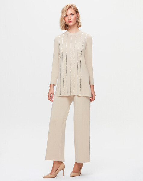 T25K-7006 Yanları Şerit Taşlı Bol Paça Pantolon FEDE-ECRU - MISS DALIDA