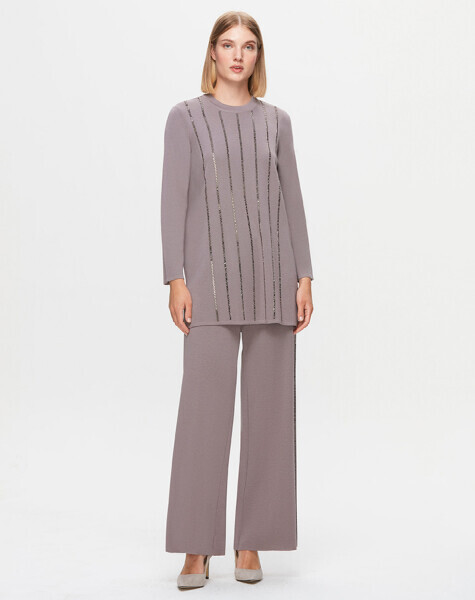 T25K-7006 Yanları Şerit Taşlı Bol Paça Pantolon SCURE-MİNK - 1