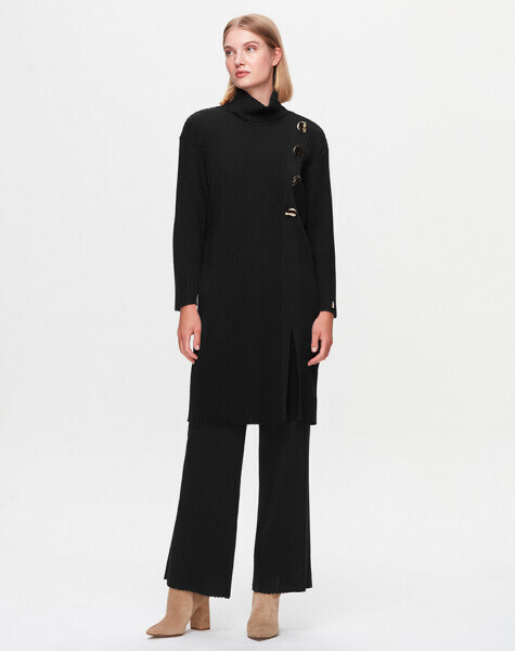 T25K-7008 Kalın Fitilli Bol Paça Triko Pantolon BLACK - 1
