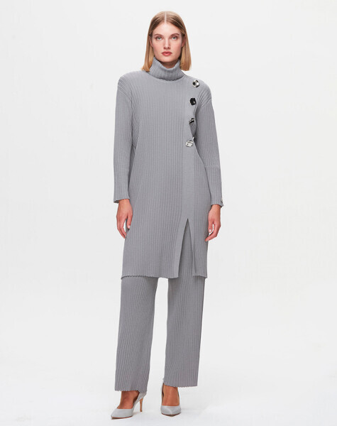 T25K-7008 Kalın Fitilli Bol Paça Triko Pantolon VİALE-GREY - 1