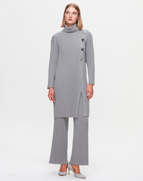 T25K-7008 Kalın Fitilli Bol Paça Triko Pantolon VİALE-GREY - 2