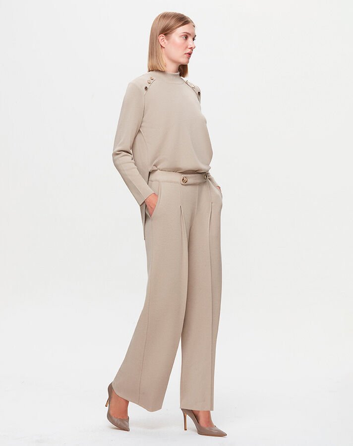 T25K-7010 Button Detailed Wide Leg Trousers - 4