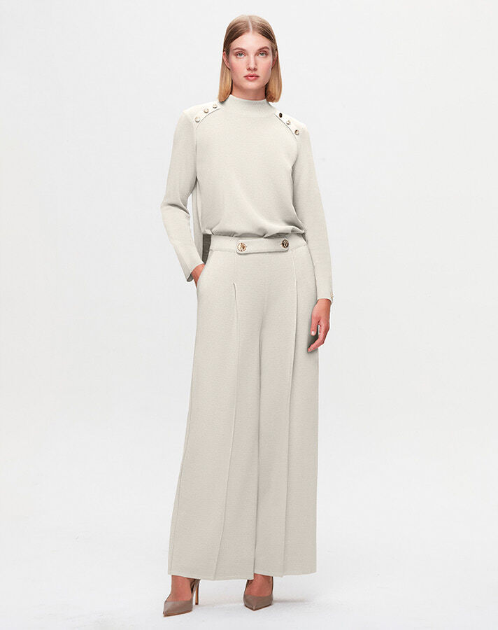 T25K-7010 Button Detailed Wide Leg Trousers - 7