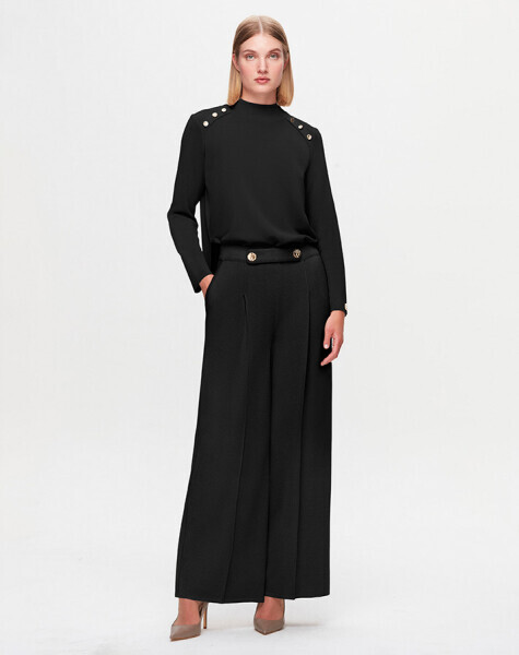T25K-7010 Düğme Detaylı Bol Paça Pantolon BLACK 