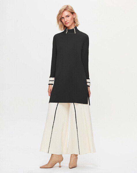 T25K-7012 Örgü Teknikli Bol Paça Triko Ekru Siyah Pantolon - 1