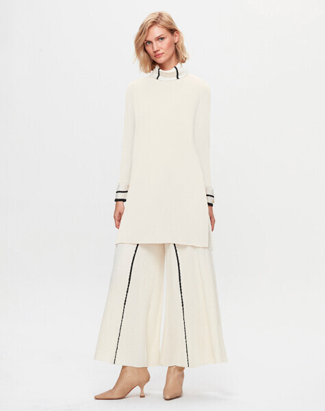 T25K-7012 Örgü Teknikli Bol Paça Triko Pantolon YY872-BONE - 1