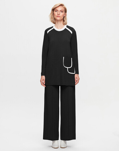 T25K-7013 Önü Şerit Detaylı Bol Paça Pantolon BLACK - 1