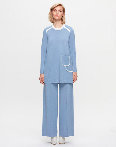 T25K-7013 Önü Şerit Detaylı Bol Paça Pantolon DARK BLUE - 10