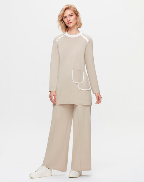 T25K-7013 Önü Şerit Detaylı Bol Paça Pantolon DARK BLUE - 1