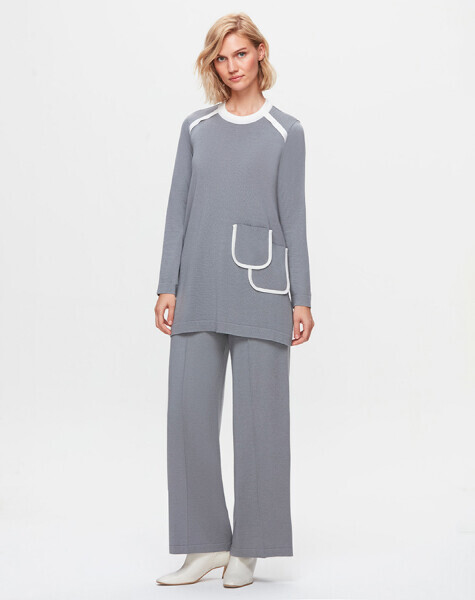 T25K-7013 Önü Şerit Detaylı Bol Paça Pantolon GREY 