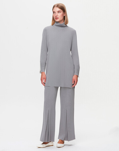 T25K-7014 Önü İspanyolon Kesim Bol Paça Pantolon VİALE-GREY - 1