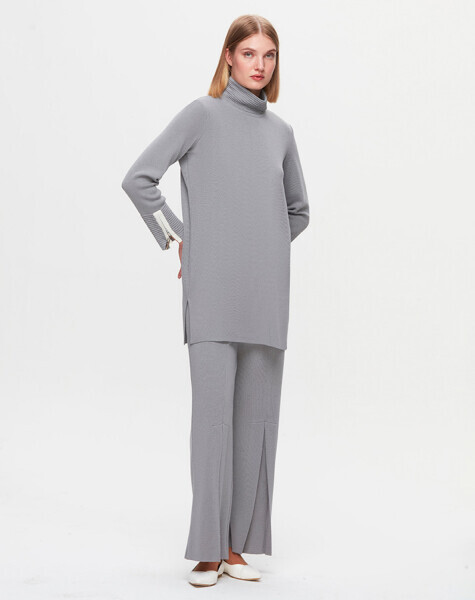 T25K-7014 Önü İspanyolon Kesim Bol Paça Pantolon VİALE-GREY - 2